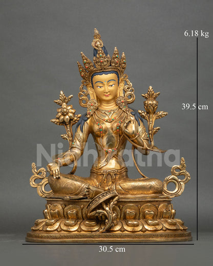 Newari Green Tara Sculpture with 24K Gold Gilding and Gemstone Details