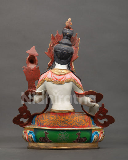 Newari handcrafted White Tara statue from Patan Nepal featuring gold gilded ornaments.