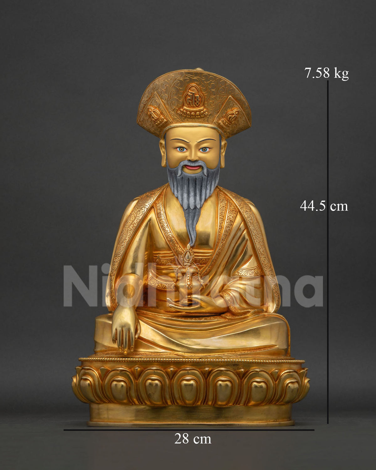Ngawang Namgyal gold-gilded copper statue, front view, handcrafted Nepalese artistry