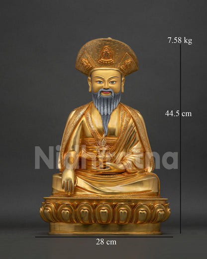 Ngawang Namgyal gold-gilded copper statue, front view, handcrafted Nepalese artistry