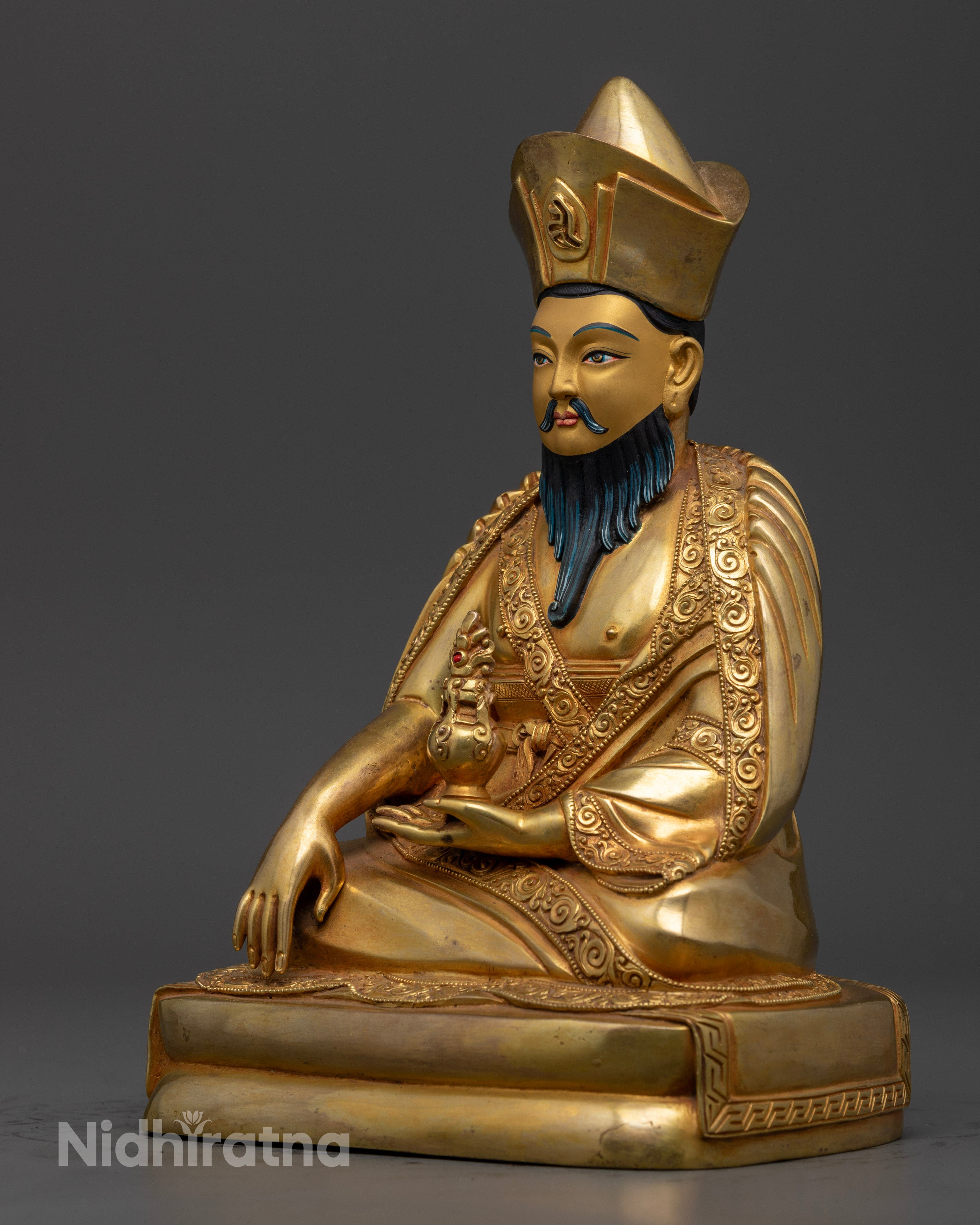 ngawang namgyal statue left side view, detailed copper and gold craftsmanship, tibetan guru sculpture