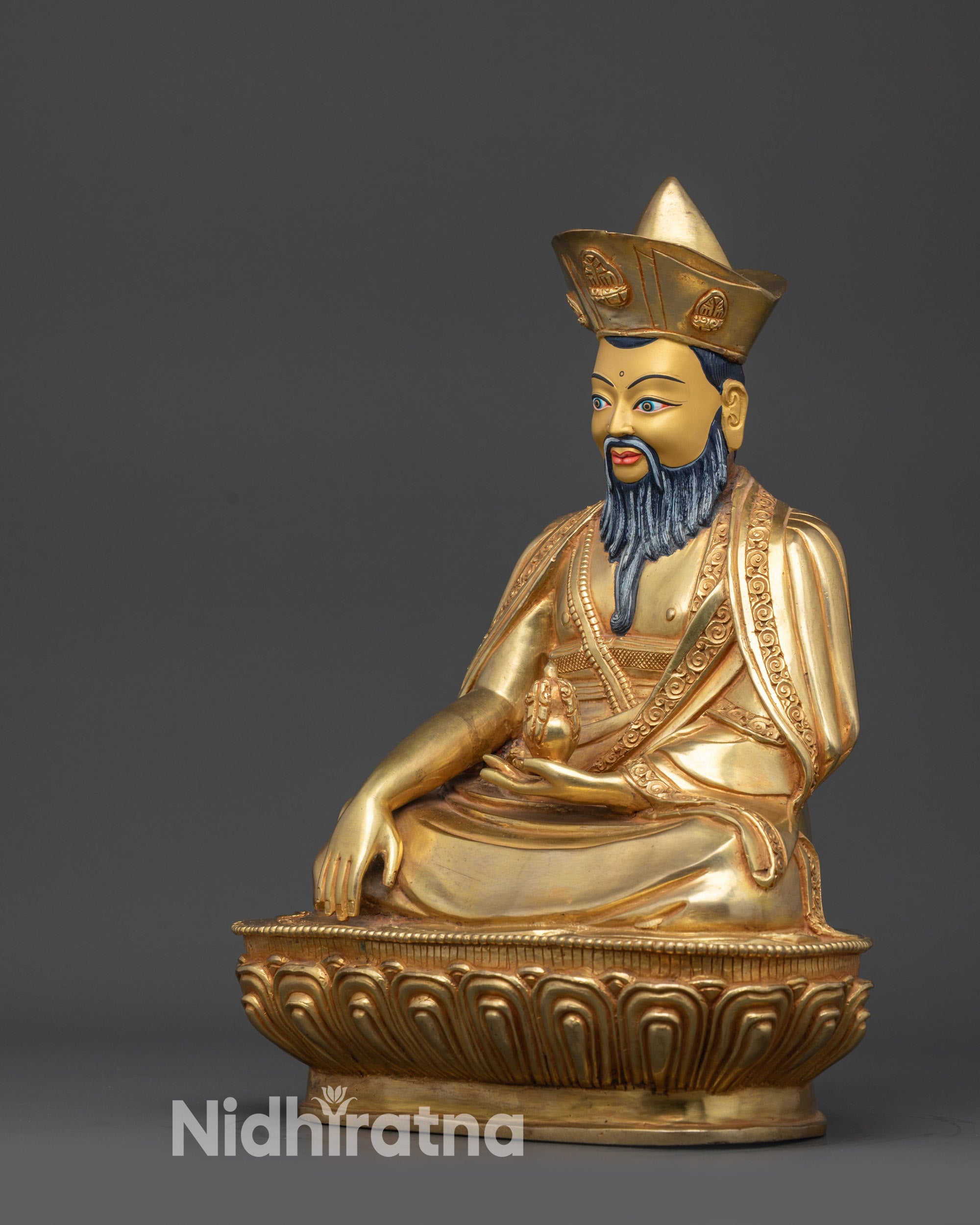 Ngawang Namgyal statue left side view, handcrafted gold and copper Buddhist figure