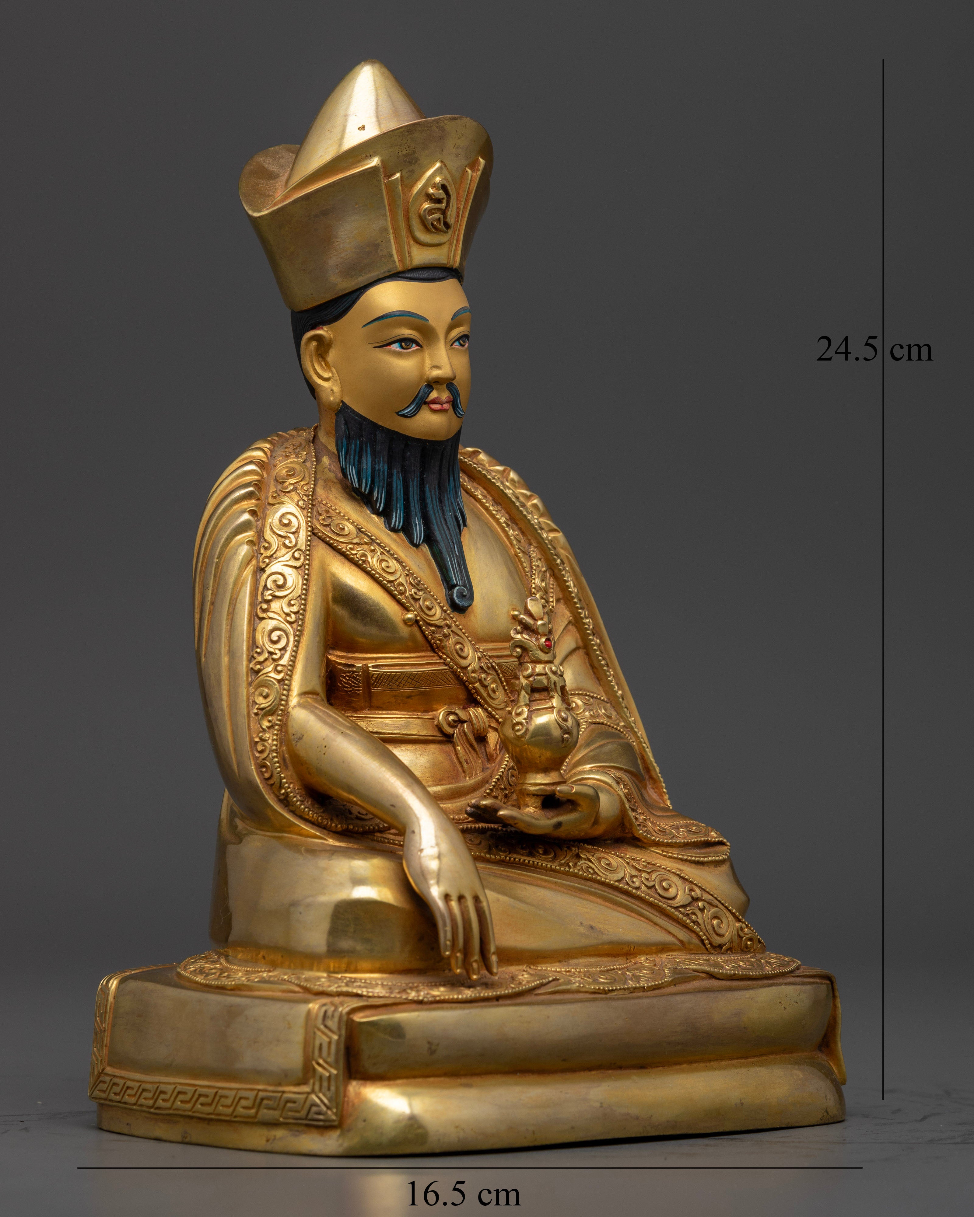ngawang namgyal statue right side view, handcrafted tibetan master, copper and gold fire-gilded