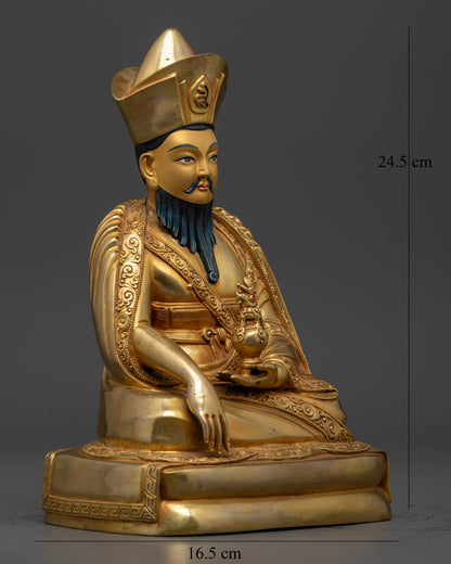 ngawang namgyal statue right side view, handcrafted tibetan master, copper and gold fire-gilded