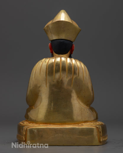 ngawang namgyal statue left side view, detailed copper and gold craftsmanship, tibetan guru sculpture
