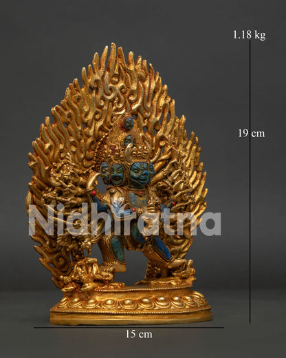 Nine faced Yamantaka sculpture with buffalo head coral stones and flame aureole