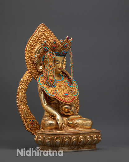 normal side Jowo Shakyamuni Rinpoche statue with detailed robe patterns and ornate halo design