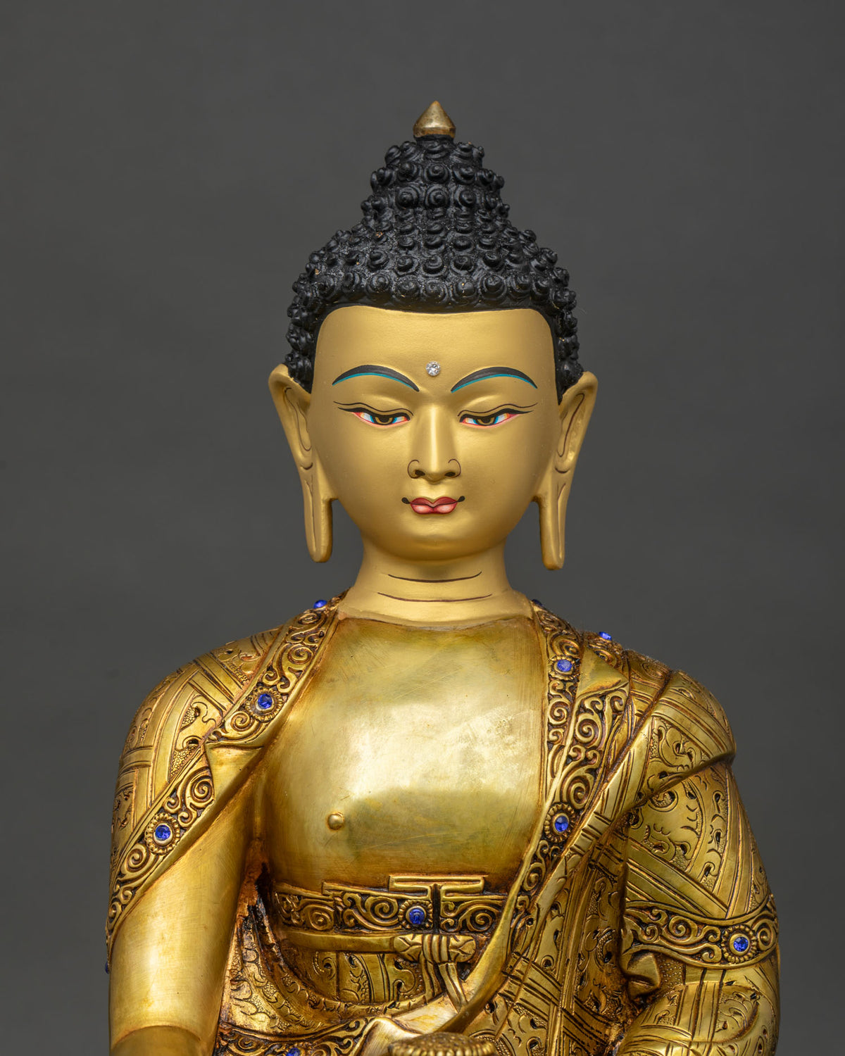 Close Up of Three Buddha Statue Set, Handcrafted Gold Fire-Gilded Copper Sculptures from Nepal