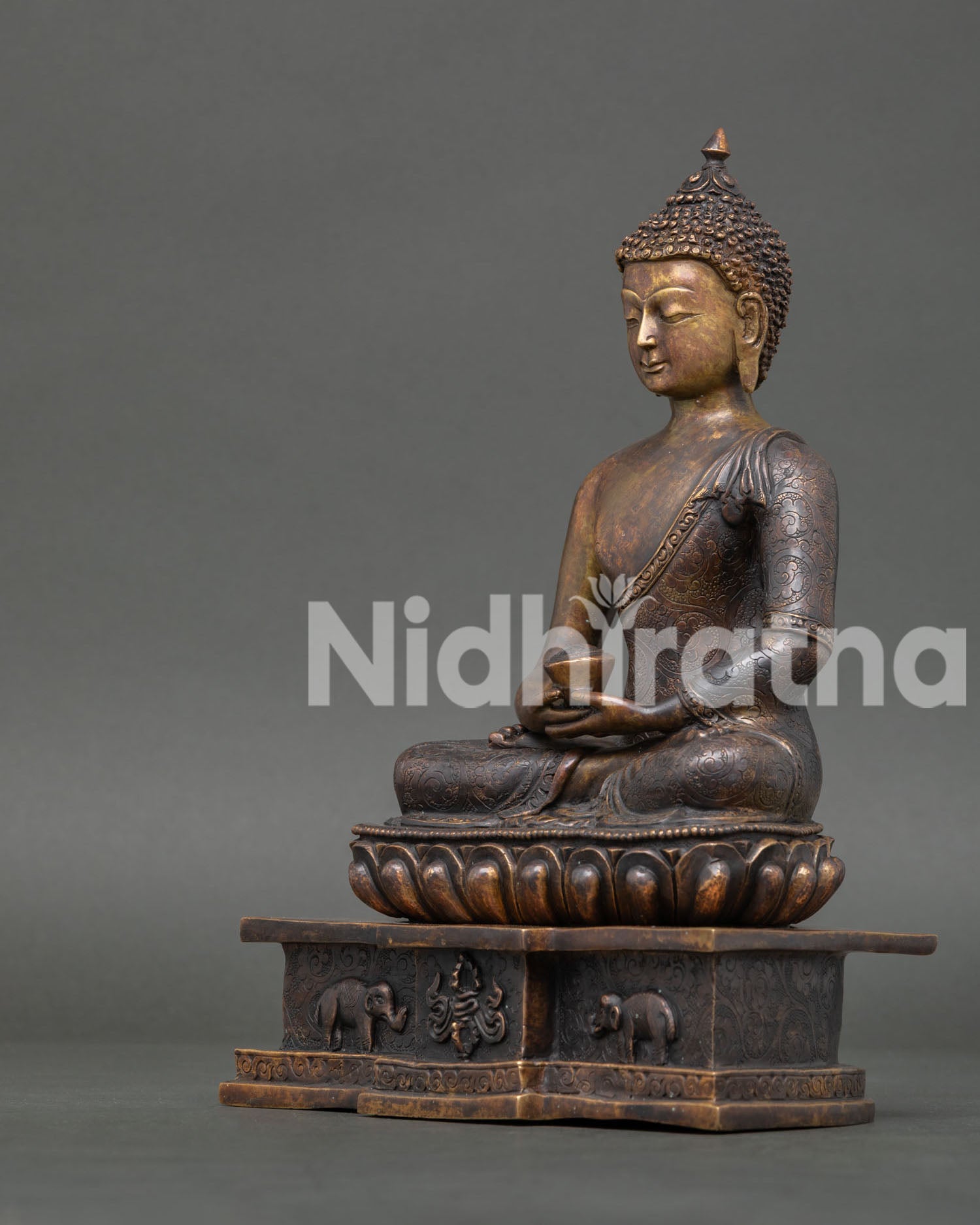 Oxidized Amitabha Buddha Statue left view side showcasing handcrafted copper art