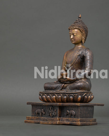 Oxidized Amitabha Buddha Statue left view side showcasing handcrafted copper art