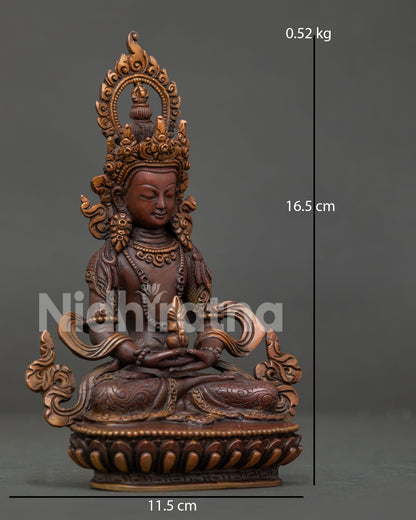 Oxidized Copper Amitayus Statue Seated on Lotus Pedestal.