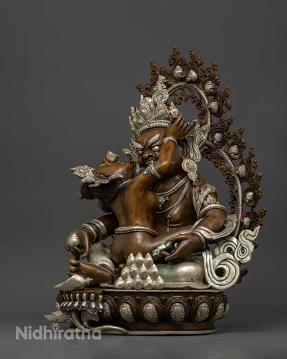 Oxidized copper Green Dzambhala with Consort statue with silver plated details