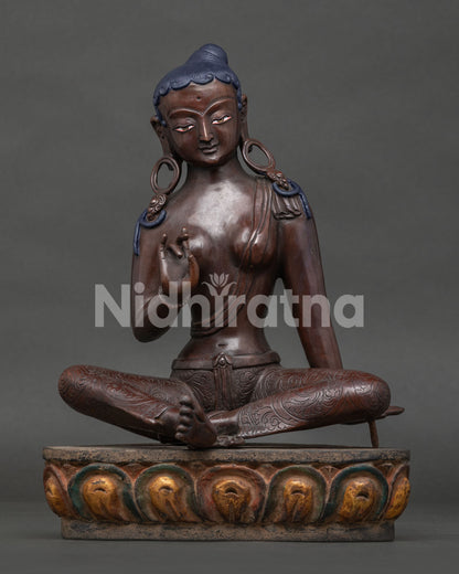 Oxidized Copper Green Tara Statue front view, handcrafted in Nepal, seated on lotus in abhaya mudra