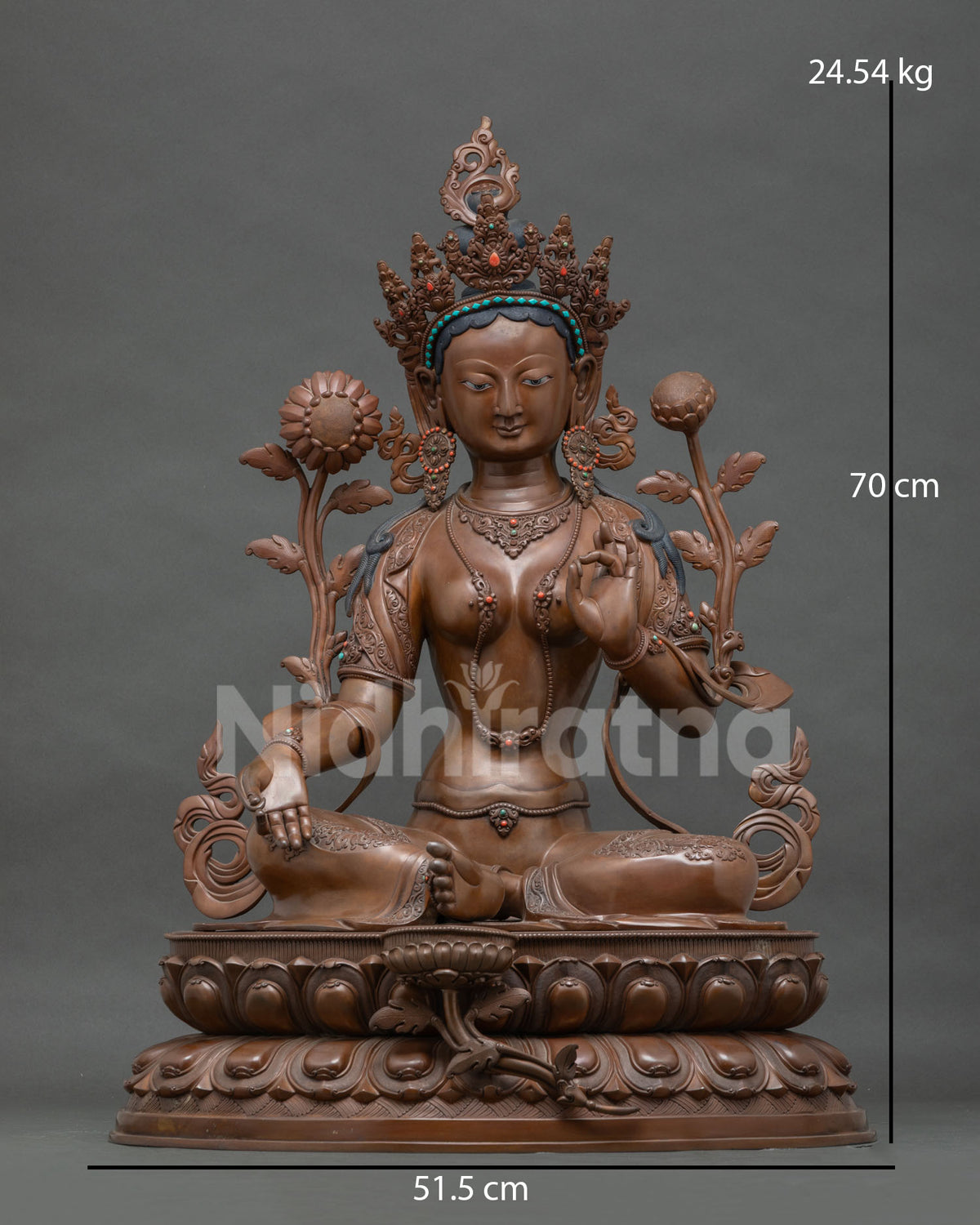 Oxidized copper Green Tara statue seated on a lotus pedestal, front view