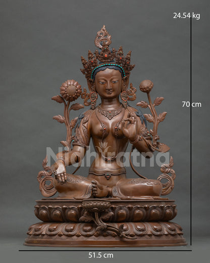 Oxidized copper Green Tara statue seated on a lotus pedestal, front view