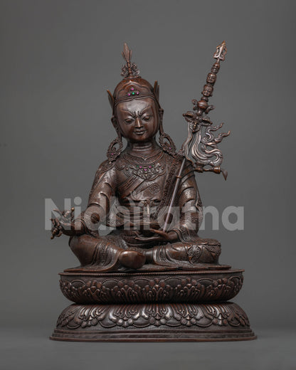 Oxidized copper Guru Rinpoche statue seated on double lotus base, handcrafted in Nepal
