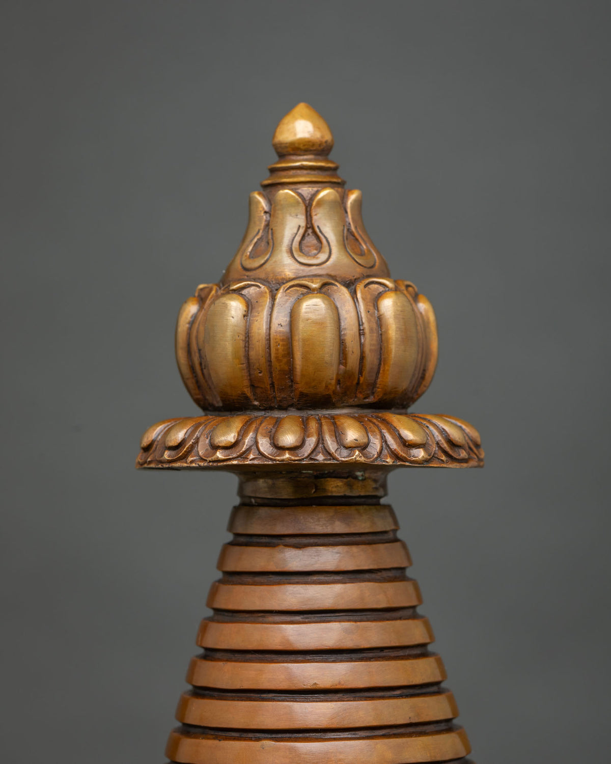 Oxidized Copper Kadampa Stupa with bell shaped base and stepped harmika