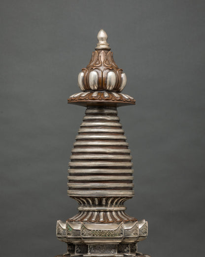 Oxidized copper Kadampa Stupa with silver accents for Buddhist altar and meditation shrine