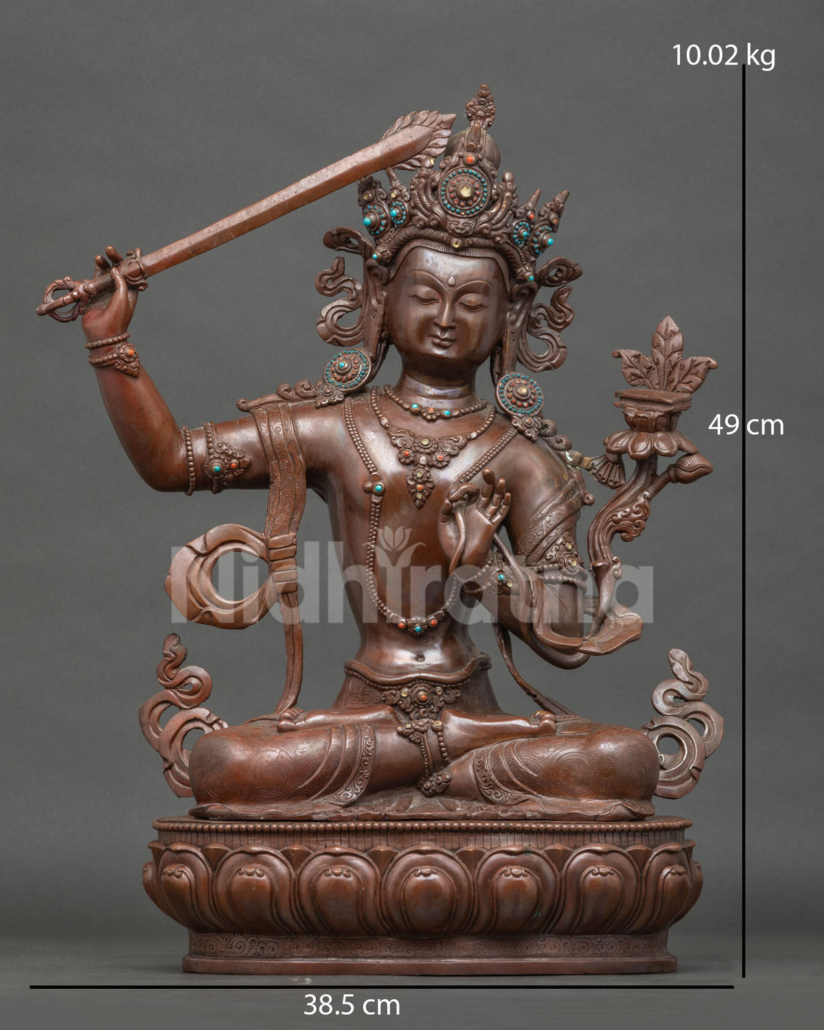 Oxidized Copper Manjushri Statue – Front View | Handmade Nepali Bodhisattva of Wisdom