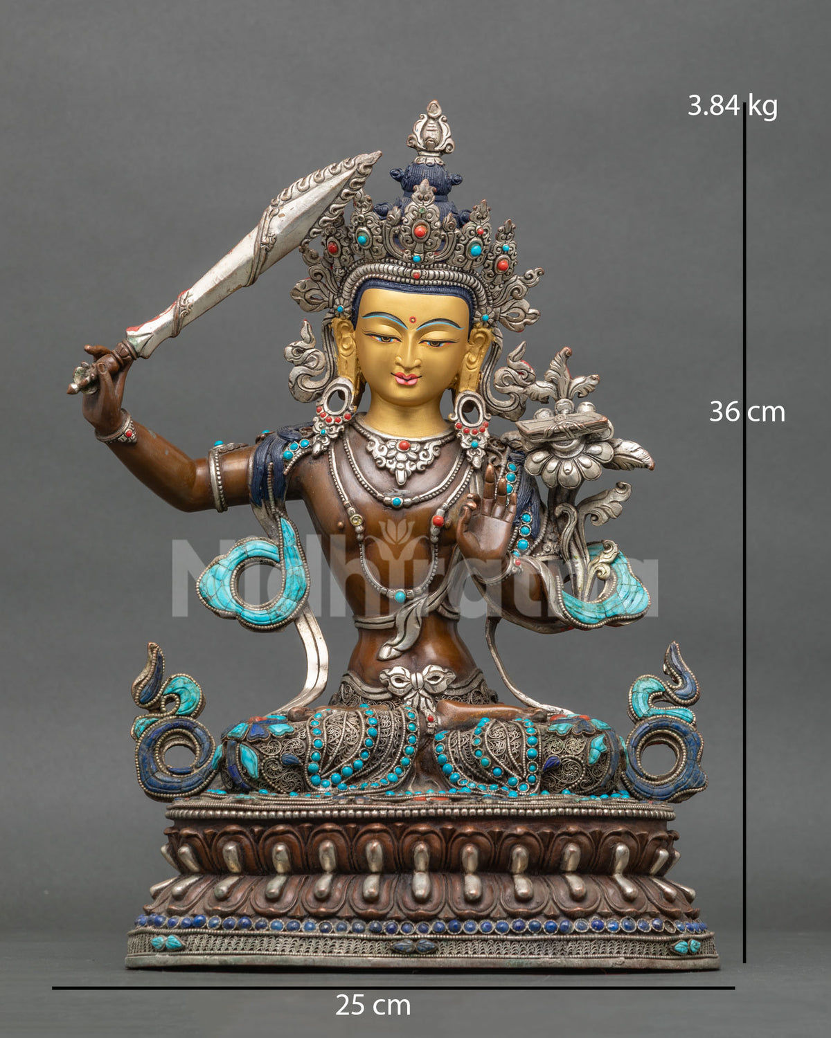 Oxidized Copper Manjushri Statue Front View with Wisdom Sword and Gold Painted Face