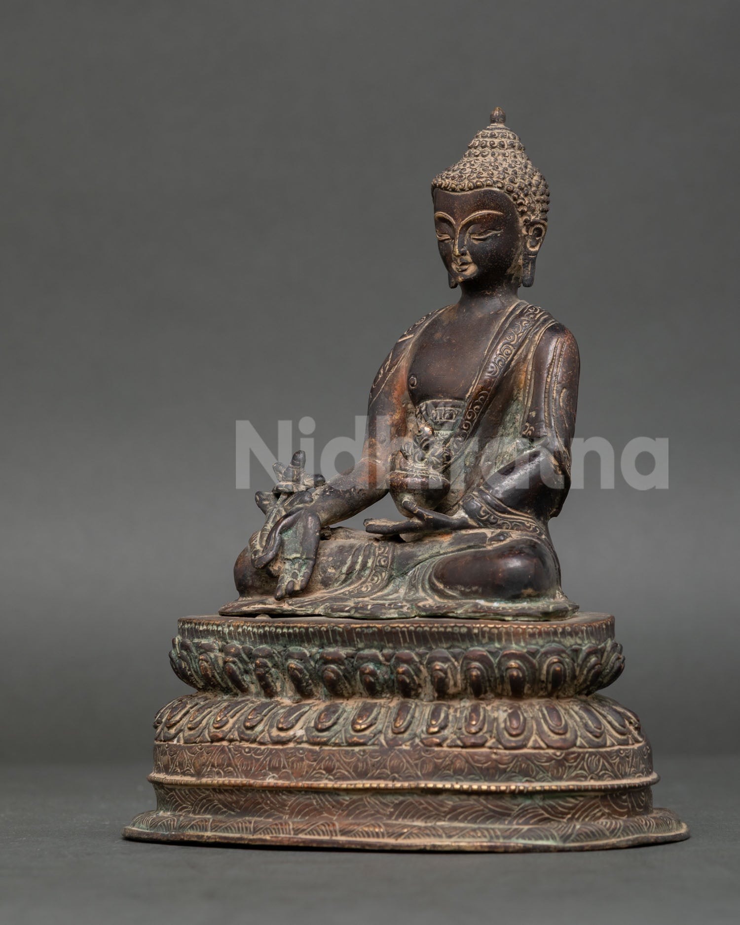 Oxidized Copper Medicine Buddha holding myrobalan plant and medicine bowl.