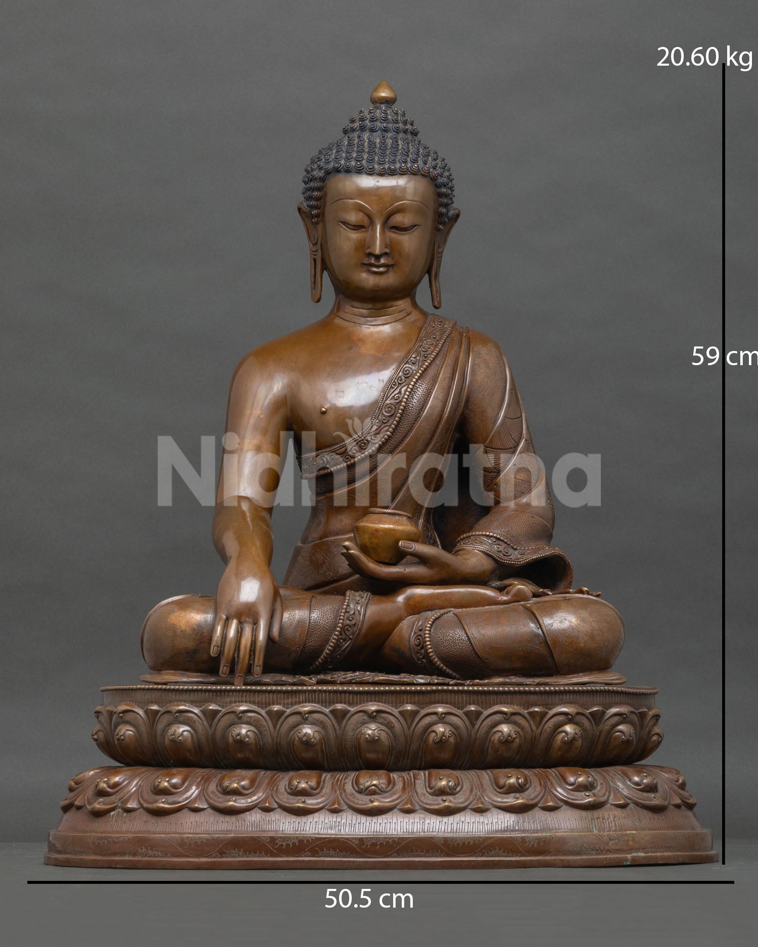 Oxidized Copper Shakyamuni Buddha Statue in Bhumisparsha Mudra, Front View