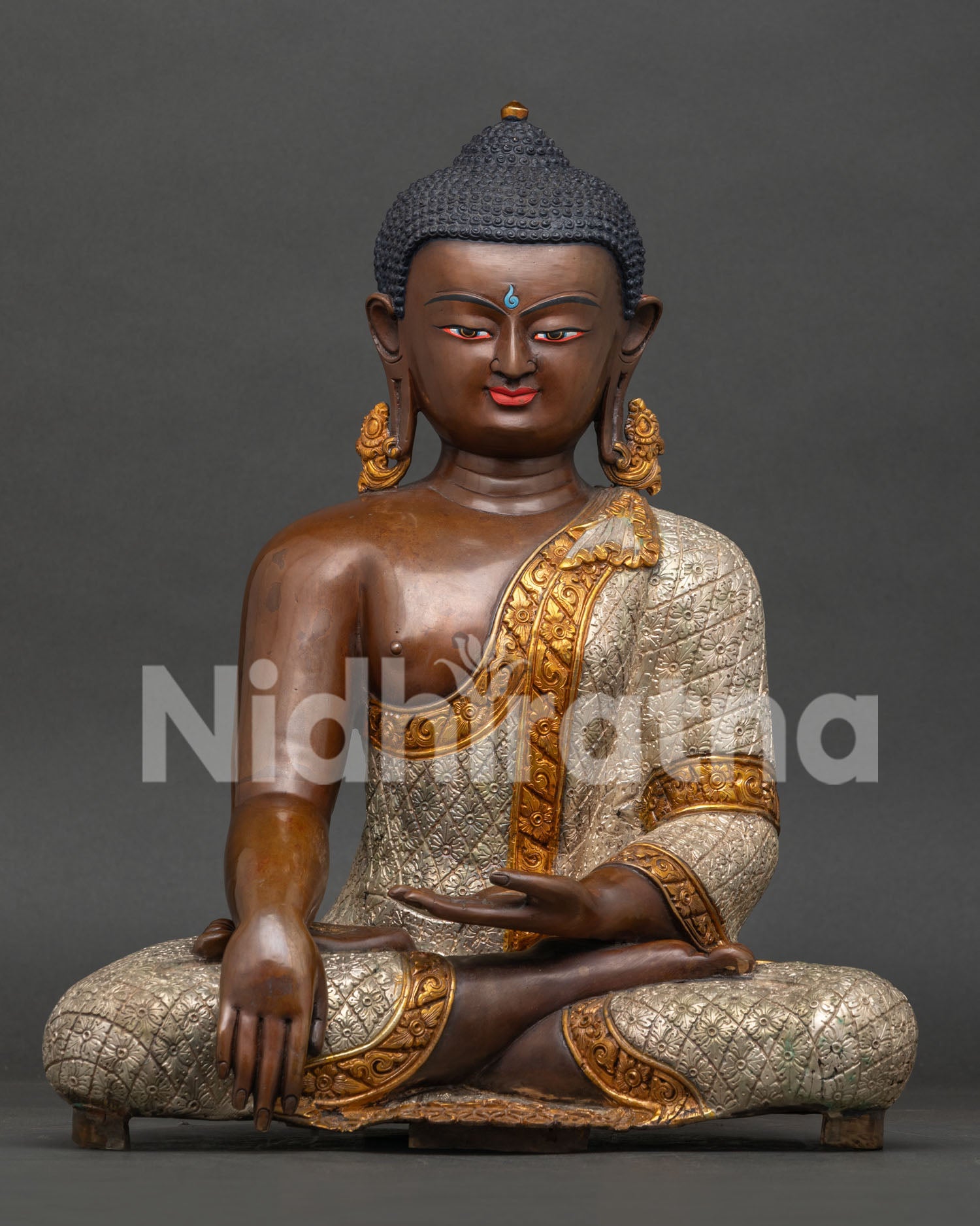 Oxidized Copper Shakyamuni Buddha Statue in Bhumisparsha Mudra with Silver and Gold Robe