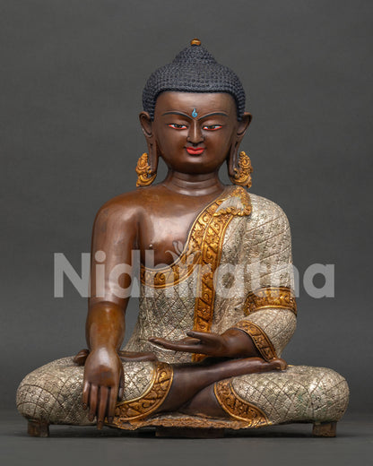 Oxidized Copper Shakyamuni Buddha Statue in Bhumisparsha Mudra with Silver and Gold Robe