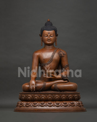 Oxidized Copper Shakyamuni Buddha Statue with Bhumisparsha Mudra, Front View