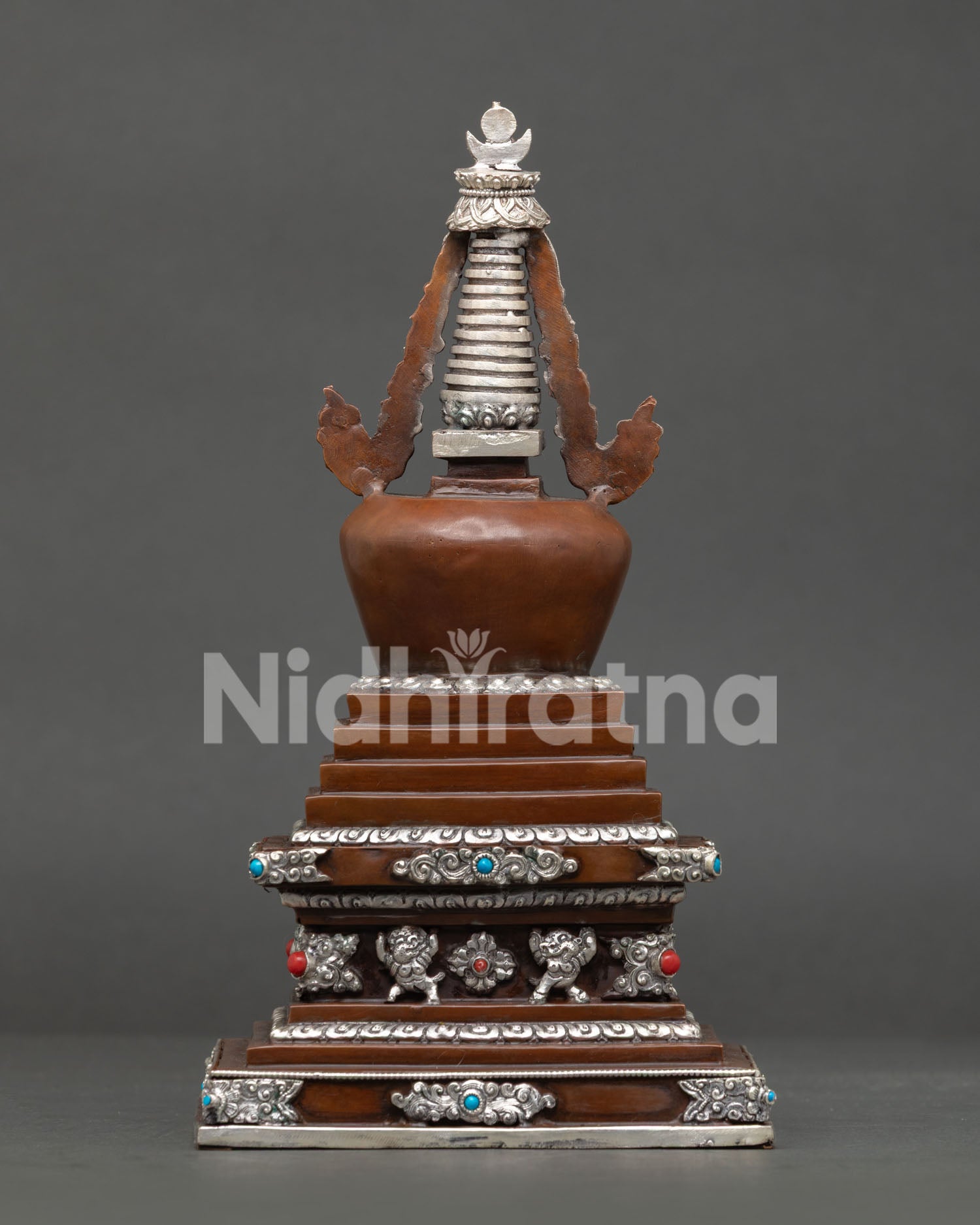 Oxidized copper Stupa with silver plated details for Buddhist altar and meditation space