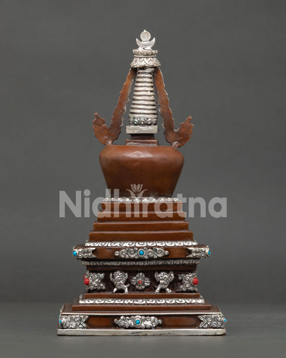 Oxidized copper Stupa with silver plated details for Buddhist altar and meditation space