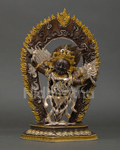 Oxidized copper Vajrakilaya statue front view, handcrafted Himalayan Buddhist deity Nepal