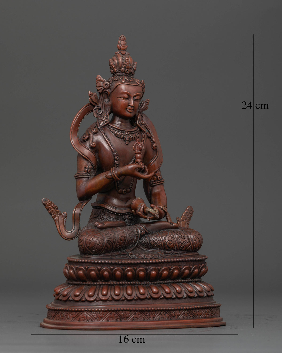 Oxidized copper Vajrasattva sculpture with intricate floral carvings