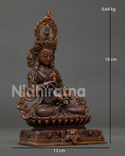 Oxidized Copper Vajrasattva Statue Seated on Lotus Pedestal.