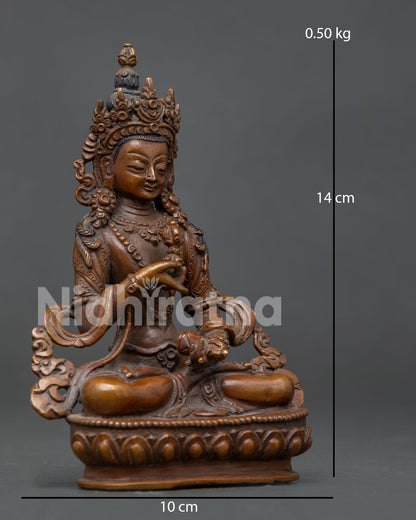 Oxidized copper Vajrasattva statue seated on hand carved lotus pedestal.