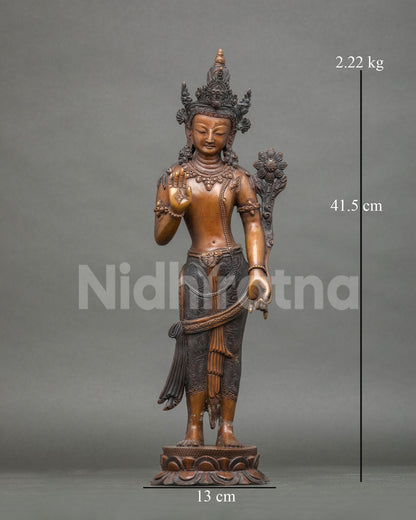 Oxidized Lokeshvara copper statue front view, handcrafted Nepal Padmapani Bodhisattva on lotus base