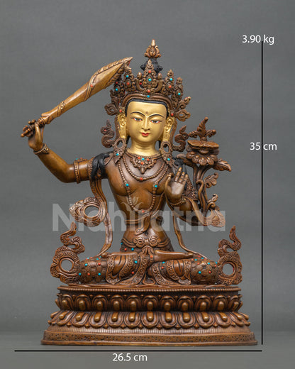 Oxidized Manjushri copper statue front view with flaming sword on lotus throne