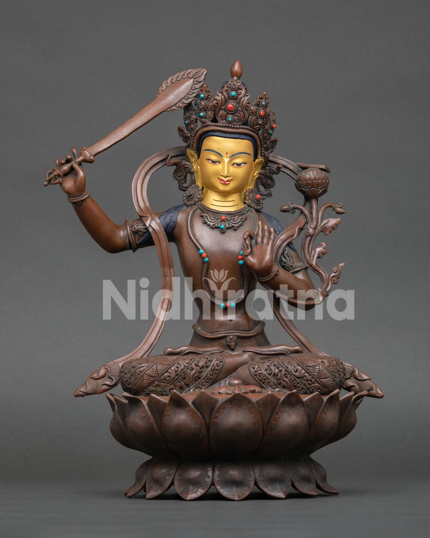 oxidized manjushri statue handcrafted copper buddhist wisdom deity from nepal