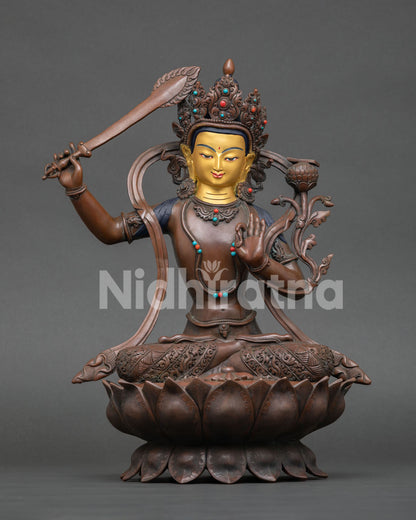 oxidized manjushri statue handcrafted copper buddhist wisdom deity from nepal