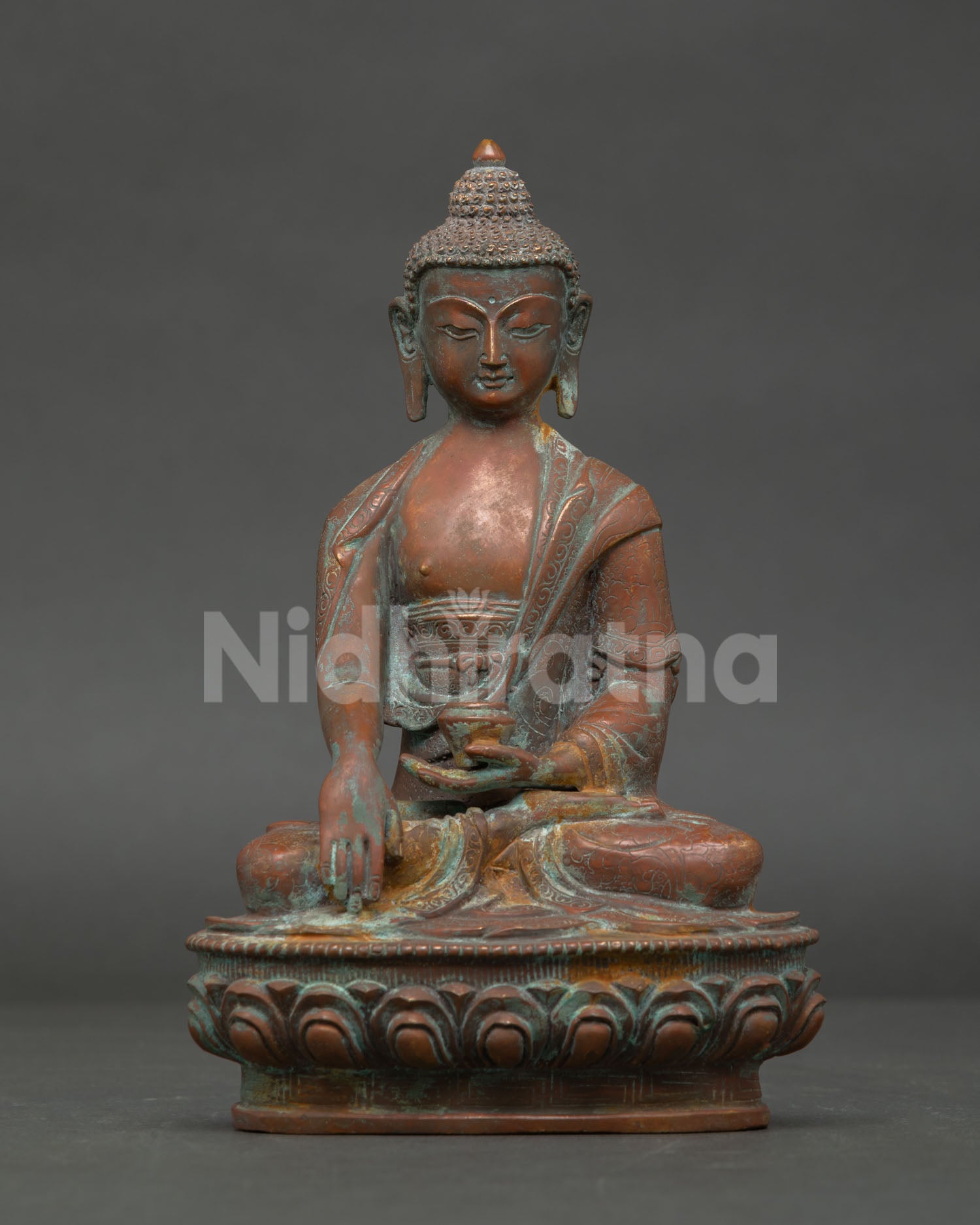 oxidized shakyamuni buddha statue copper nepal bhumisparsha mudra lotus altar piece