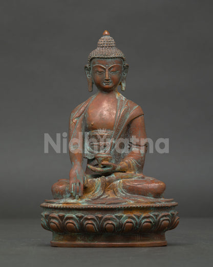 oxidized shakyamuni buddha statue copper nepal bhumisparsha mudra lotus altar piece