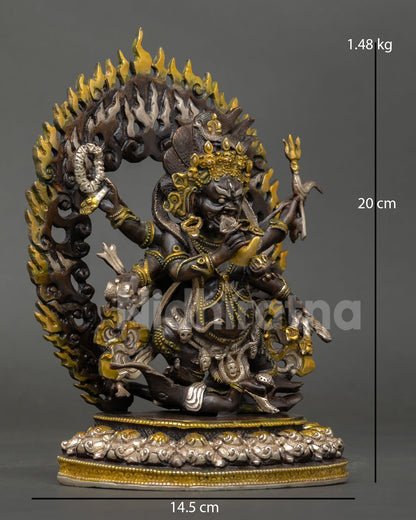Oxidized six-armed Mahakala statue right side view, copper Buddhist deity figurine Nepal
