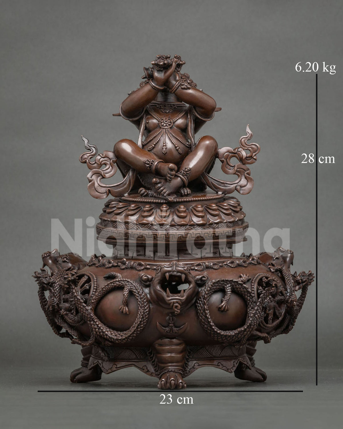 Oxidized Vajradaka incense burner statue front view with dragon-carved base