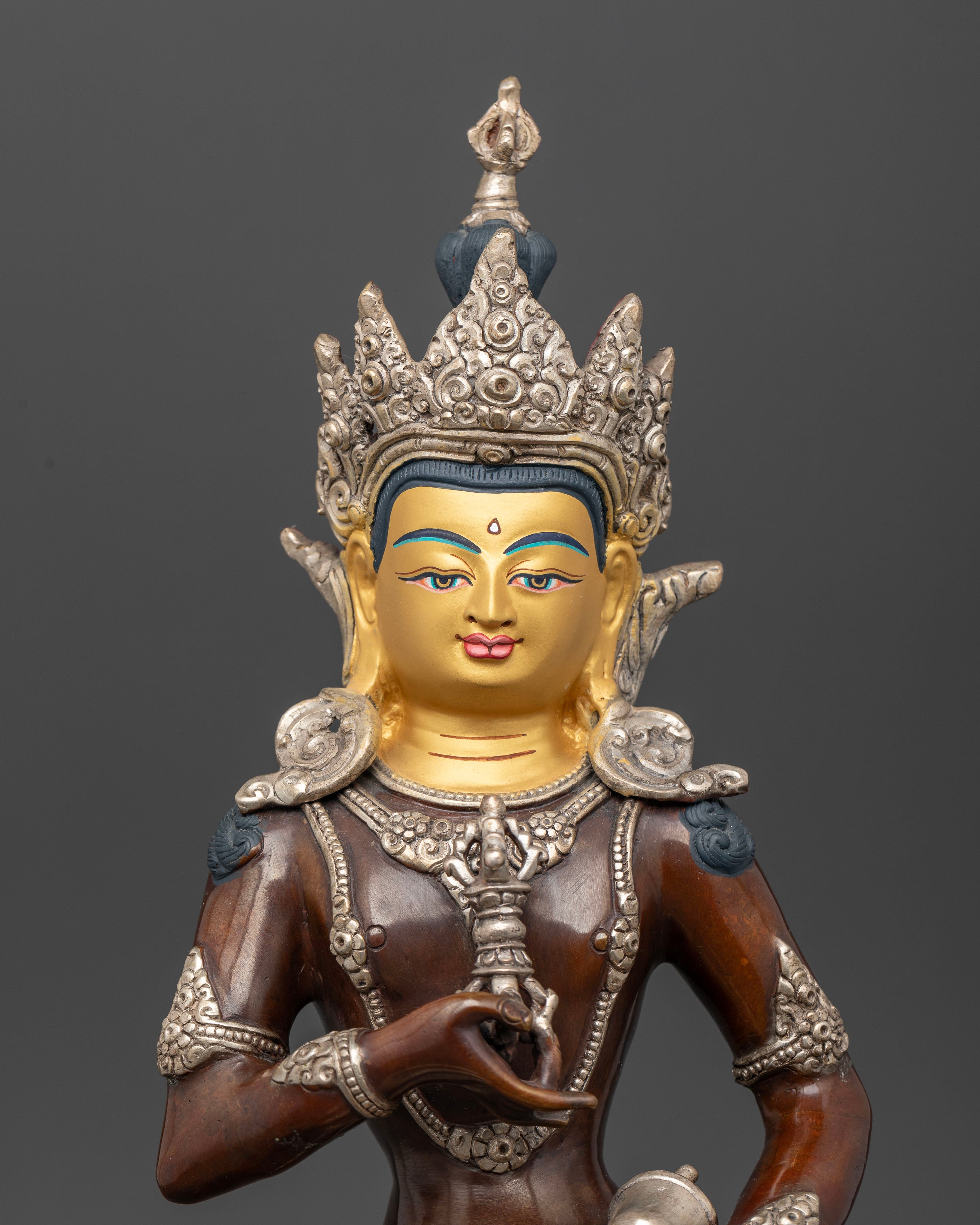 Oxidized Vajrasattva Statue regular close up with gold painted face details