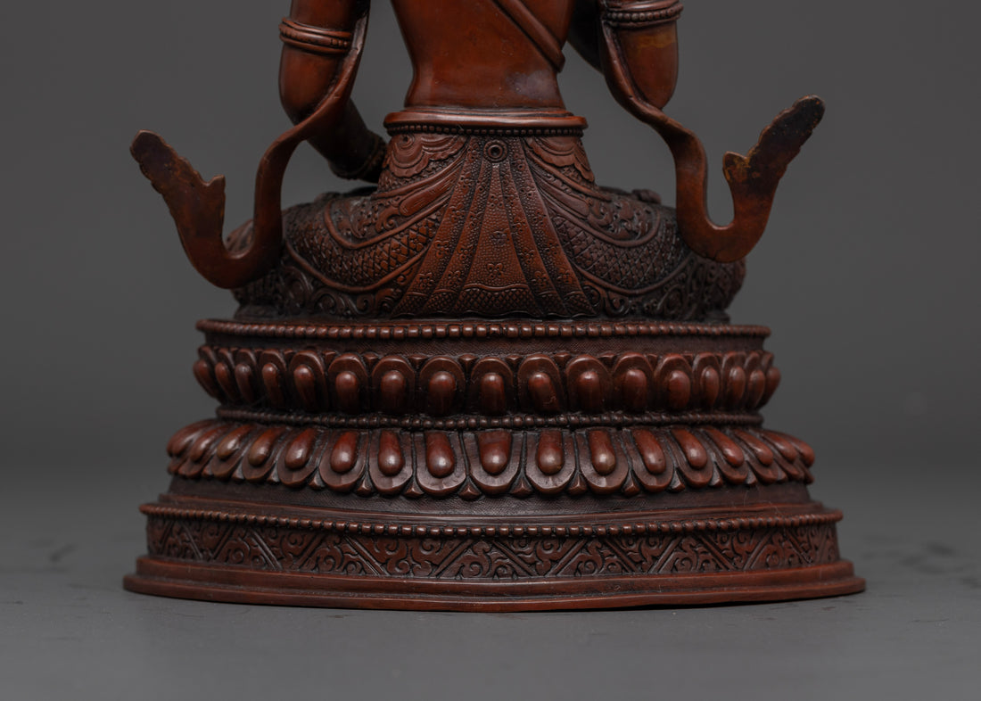 back view of lotus seat of vajrasattva staue made with oxidized copper fit for outdoor home decor