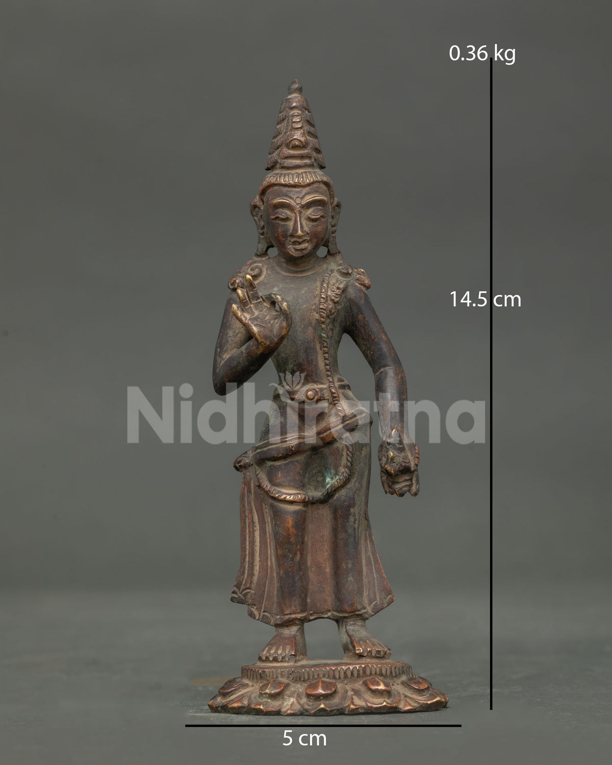 Padmapani Statue copper chemically oxidized finish lotus pedestal Patan Nepal.