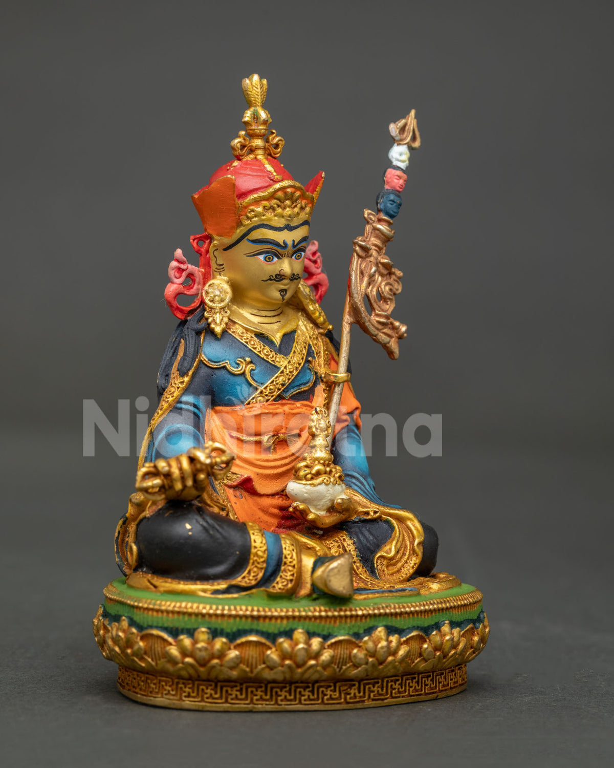Padmasambhava sculpture in copper with hand-carved floral robes and vibrant acrylic details.