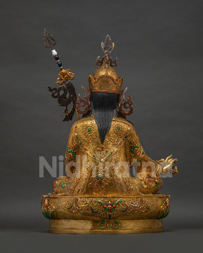 Padmasambhava statue back view, hand-carved robe detail, solid copper, Newari craftsmanship
