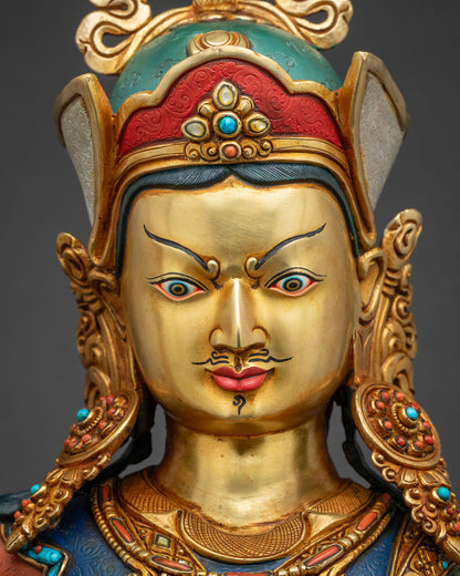 Padmasambhava statue face close-up, gold-gilded expression detail, Nepali craftsmanship