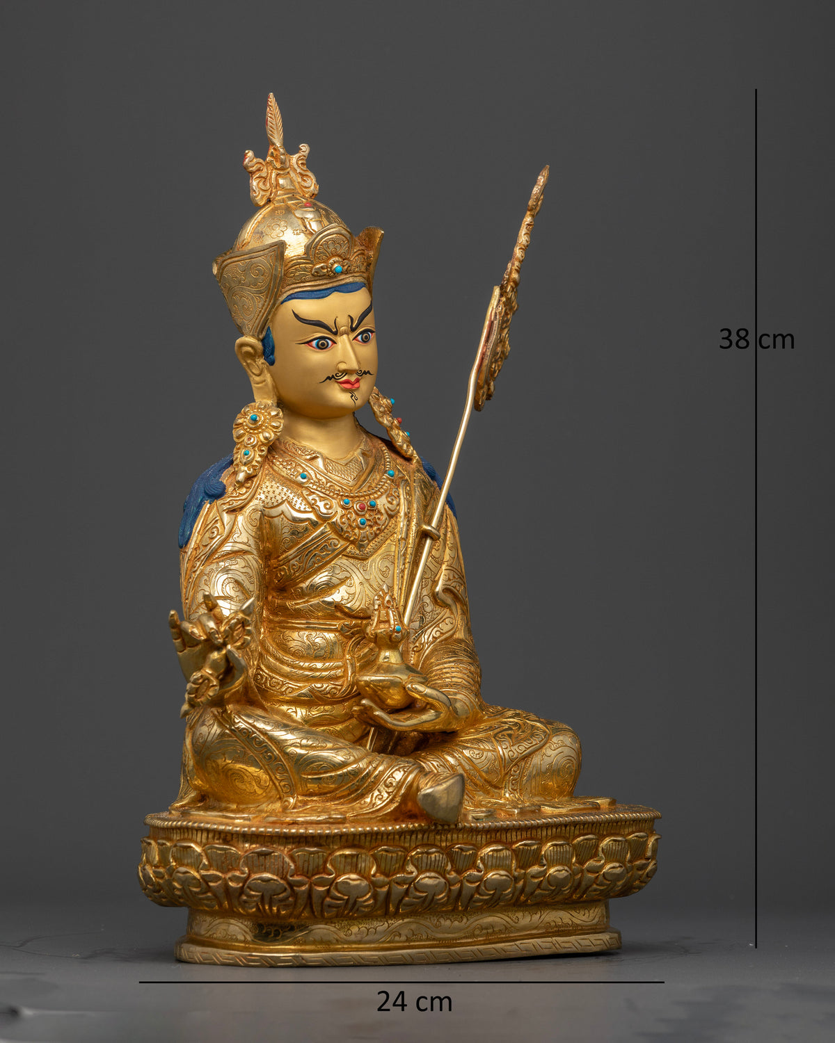 Padmasambhava Statue Seated on Lotus Pedestal Holding Vajra and Kapala